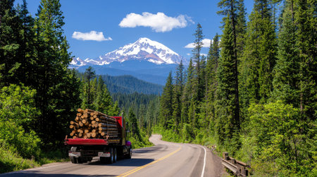 A logging truck transports timber along a winding road, surrounded by a vibrant green forest and a stunning mountain backdrop under a clear blue sky.の素材