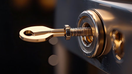 This close-up image showcases a vintage lock and its key, emphasizing themes of security and protection. The intricate details highlight craftsmanship and design.の素材
