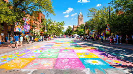 A lively street art festival showcases vibrant chalk drawings across the pavement, attracting crowds of art enthusiasts and families under a sunny sky.の素材