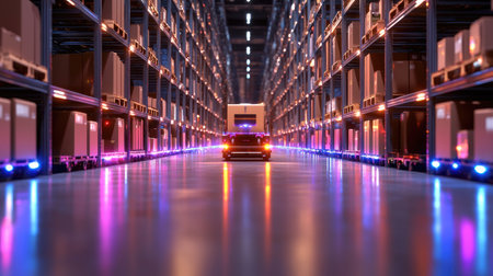 A modern logistics warehouse scene showcases a delivery vehicle positioned between tall shelves filled with cardboard boxes, illuminated by vibrant LED lights.の素材