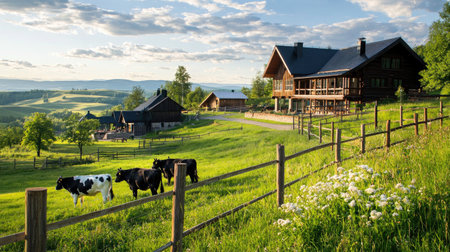A picturesque rural scene featuring cows grazing in lush green fields near a modern wooden farmhouse, surrounded by rolling hills and vibrant nature.の素材