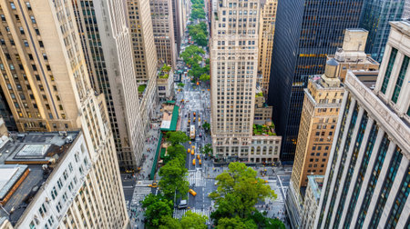 This stunning aerial view captures the dynamic blend of towering skyscrapers and lush green trees in a bustling city center, showcasing urban life.の素材