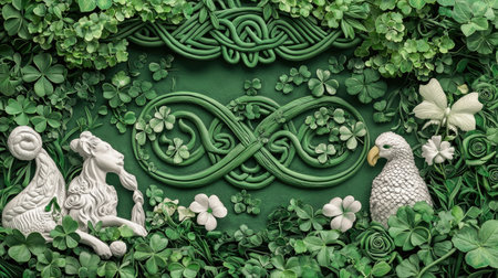 This captivating composition features green clovers, intricate patterns, and animal sculptures, conveying a whimsical blend of nature and artistry. Perfect for nature-themed projects.の素材