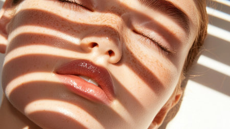This captivating close-up photograph features a young woman with beautiful freckles, eyes peacefully closed, and soft shadows from blinds creating an artistic effect.の素材