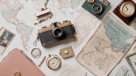This flat lay image features a vintage camera alongside travel essentials on a world map background, evoking themes of exploration, adventure, and nostalgia.の素材