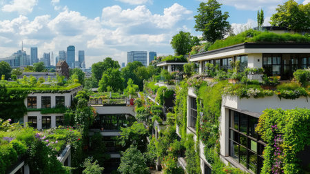 This image showcases a stunning urban landscape featuring lush green rooftops and vibrant gardens, set against a bright blue sky and city skyline.の素材