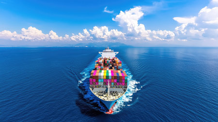 A vibrant container ship navigating through tranquil waters with colorful cargo containers. The bright blue sky and fluffy clouds create a serene maritime scene.の素材