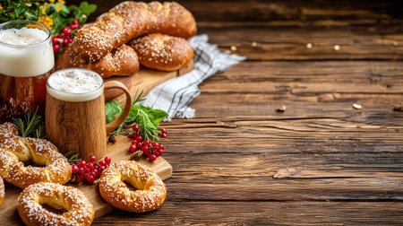 Indulge in a tempting display of freshly baked pretzels and frothy beer mugs set on a rustic wooden table, perfect for sharing at gatherings.の素材