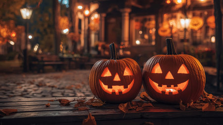 This enchanting image features two cheerful jack-o'-lanterns glowing warmly amid fallen leaves, setting a festive autumn scene perfect for Halloween celebrations.の素材
