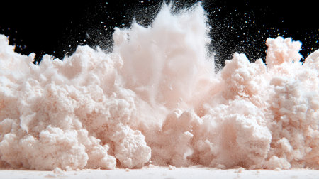 This captivating image showcases a dynamic explosion of a powdery substance, creating a stunning visual effect against a black background.の素材