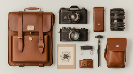 A beautifully arranged flatlay featuring a classic leather camera bag, vintage cameras, and essential photography accessories perfect for creative individuals.の素材
