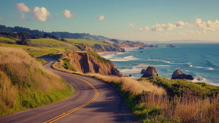 A scenic coastal road meanders through lush green hills, offering breathtaking views of the ocean waves and rocky shoreline under a bright sky.の素材