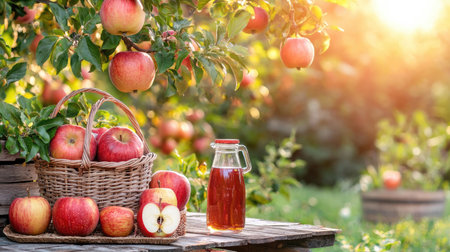 A picturesque setting featuring fresh red apples nestled in a rustic basket beside a bottle of apple juice, illuminated by warm sunlight in an orchard.の素材