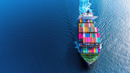 This aerial image showcases a large cargo ship loaded with colorful containers, navigating the calm waters of the ocean, symbolizing global trade and logistics.の素材