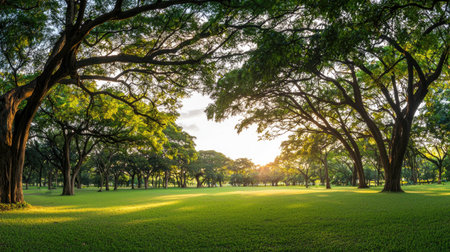 A captivating view of a lush green landscape filled with majestic trees, gently illuminated by soft sunset light, creating a serene park atmosphere.の素材