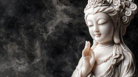 This captivating image showcases a serene white statue of a goddess, gracefully surrounded by ethereal smoke against a dark backdrop, conveying tranquility and reverence.の素材