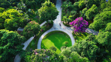 This stunning aerial view captures the beauty of a lush green park, featuring winding pathways surrounded by vibrant trees and colorful flowering bushes.の素材