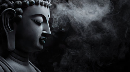 This captivating image features a serene Buddha sculpture enveloped in ethereal smoke, creating a calming atmosphere perfect for themes of meditation and mindfulness.の素材