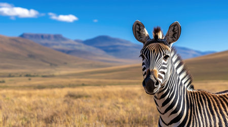 A stunning close-up of a zebra against the backdrop of an expansive African landscape. The animal gazes curiously, showcasing its striking stripes under clear blue skies.の素材