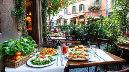 A stunning outdoor dining scene featuring an array of delectable Italian dishes. Surrounded by vibrant greenery, this cozy restaurant exudes warmth and charm.の素材