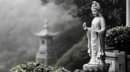Captured in a misty environment, this statue of Avalokiteshvara represents serenity and spirituality, surrounded by vibrant greenery and soft lighting.の素材