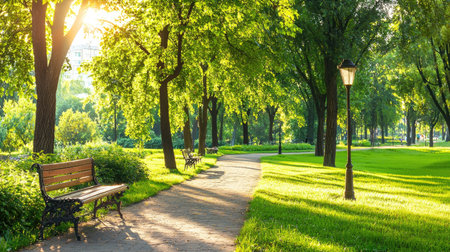 A peaceful park pathway bathed in golden sunlight, flanked by lush green trees and charming benches, invites relaxation and outdoor enjoyment in an urban oasis.の素材