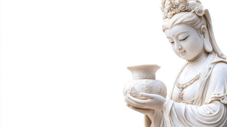 This exquisite white statue depicts a graceful goddess thoughtfully holding a beautifully crafted pot, symbolizing serenity and spirituality, ideal for decoration.の素材