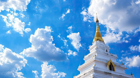 A stunning pagoda stands tall against a brilliant blue sky filled with fluffy clouds, showcasing intricate architecture and golden accents in a serene environment.の素材