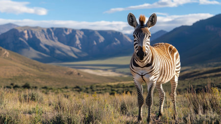 This stunning image captures a zebra in a tranquil grassland environment with majestic mountains in the background. The clear blue sky enhances the serene atmosphere, highlighting the beauty of wildlife in its natural habitat. Perfect for nature enthusiasts and wildlife lovers.の素材