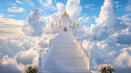 A breathtaking depiction of a grand stairway ascending to a magnificent palace, surrounded by soft clouds and illuminated by a radiant sky, evoking a sense of wonder and serenity.の素材