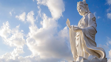 A stunning white statue of a goddess stands gracefully against a backdrop of fluffy clouds and blue sky, symbolizing peace, serenity, and spirituality.の素材