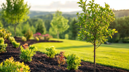 A vibrant garden landscape featuring young trees and colorful shrubs, showcasing the beauty of nature in a serene outdoor setting with soft sunlight.の素材