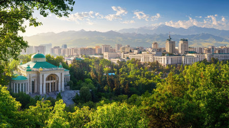 A stunning panoramic view showcases a vibrant city nestled against majestic mountains, with lush greenery framing the scene in beautiful morning light.の素材