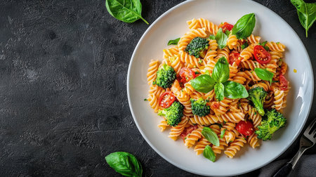 A vibrant plate of spiral pasta adorned with fresh cherry tomatoes and broccoli, enhanced with fragrant basil leaves, perfect for healthy meals.の素材