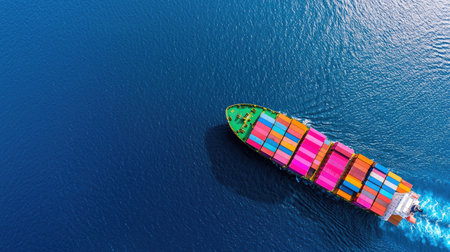 A vibrant container ship sails through calm ocean waters, showcasing an array of colorful containers. This aerial view captures the vastness of the sea and maritime transport vital for global trade.の素材