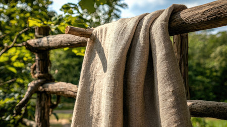 A beautiful piece of natural linen fabric gracefully hangs over a rustic wooden fence, showcasing its texture and warmth. The serene outdoor setting under soft sunlight creates a peaceful atmosphere, perfect for highlighting the simplicity and elegance of textile art in nature.の素材