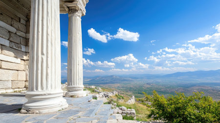 Stunning view of ancient columns against a bright blue sky, showcasing a vast landscape filled with distant mountains and picturesque clouds.の素材