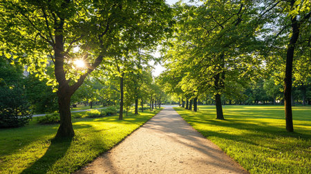 A serene pathway lined with lush green trees creates a tranquil atmosphere in an urban park, inviting visitors to enjoy nature's beauty.の素材