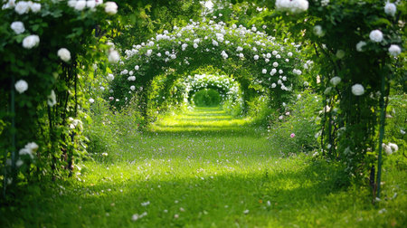 A stunning garden pathway framed by lush greenery and elegant white roses creates a serene escape. This enchanting scene showcases nature's beauty and tranquility.の素材