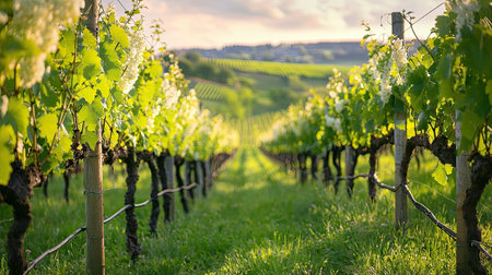 A serene view of lush green vineyard rows under soft sunlight, showcasing thriving grape plants against a beautiful countryside backdrop.の素材