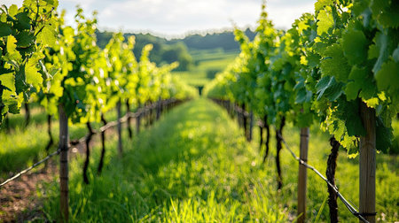 A picturesque view of a vineyard with vibrant green leaves under bright sunlight. The gentle hills in the background create a serene atmosphere ideal for agriculture and nature themes.の素材