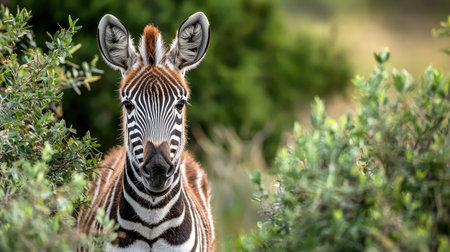 This stunning close-up portrait features a zebra amidst lush greenery, showcasing its striking stripes and expressive eyes, highlighting nature's beauty.の素材