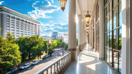 A stunning view from a stylish balcony showcasing a vibrant cityscape bathed in warm sunlight, framed by lush trees and elegant architecture.の素材