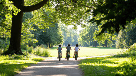 Three children riding bicycles along a sunlit pathway in a beautiful park. Lush green trees create a serene atmosphere, perfect for outdoor adventure.の素材