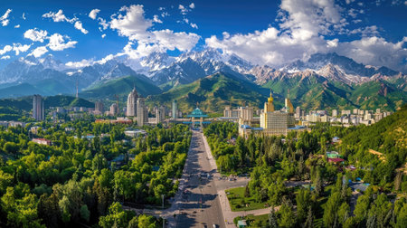 Stunning panoramic view of a modern city nestled in a valley, surrounded by towering mountains and vibrant greenery under a clear blue sky.の素材