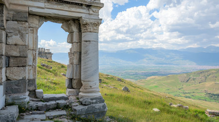 A stunning view of an ancient stone archway framed against a lush green valley and majestic mountains under a bright blue sky with fluffy clouds.の素材