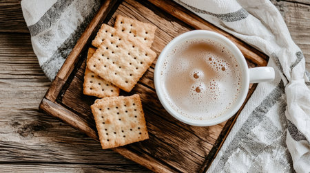 Enjoy a cozy moment with warm crackers and a cup of tea arranged beautifully on a wooden tray, set against a rustic background for a simple yet inviting snack time experience.の素材