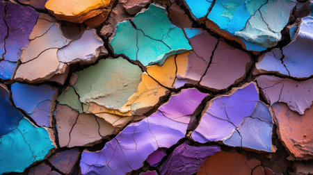 This vibrant image showcases colorful broken tiles forming an abstract mosaic with various shades, creating an artistic and unique background.の素材