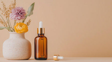 A serene composition featuring an amber dropper bottle beside a textured vase filled with fresh flowers, perfect for beauty or wellness themes.の素材