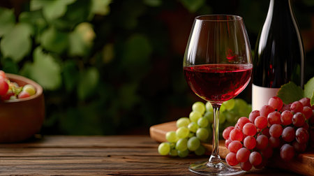 A stunning arrangement featuring a glass of red wine next to fresh grapes and a wine bottle, set against a lush green backdrop that enhances a cozy, rustic atmosphere.の素材